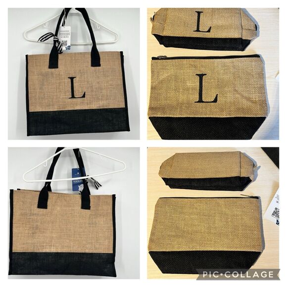YOOLIFE Initialed “L" Embroidery Jute Tote Makeup Bag Monogram Vacation Resort - Picture 12 of 12
